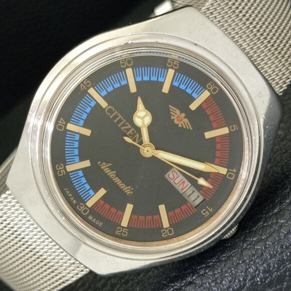 Citizen Other - Vintage 1972 Citizen Automatic Mens Silver Watch W/daydate & Red/Blue accents
